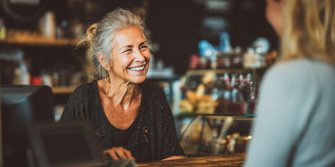 Warm interaction between smiling older woman and customer at cafe, showcasing friendliness and service