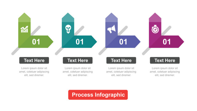 Four Steps Process Infographic with Icons, Numbered Arrows, and Text Boxes for Presentations