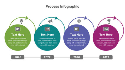 FourStep Timeline Infographic Displaying Process with Circular Design Elements and Years 20262029
