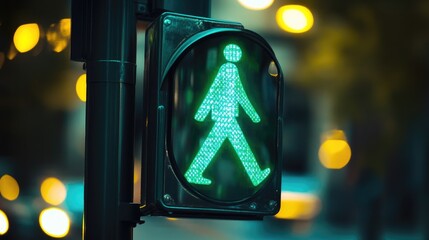 Green pedestrian signal glowing brightly at night with blurred city lights in the background, encouraging safe crossing for people on urban streets