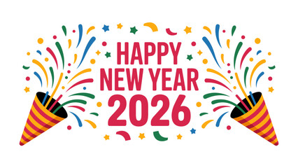 Celebration 2026: An illustration showcases a lively Happy New Year 2026 banner with celebratory elements, with confetti bursting forth in a vibrant display.