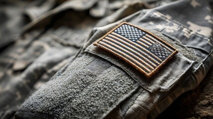 Close up view of an embroidered national emblem patch affixed to a military uniform sleeve