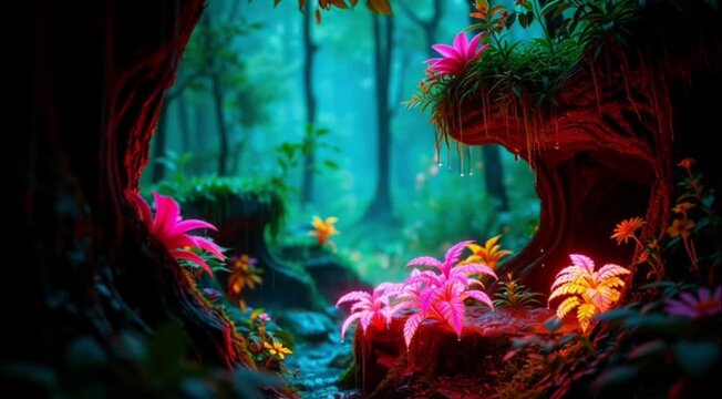 Luminous secret forest grotto featuring vibrant neon-pink and yellow fantasy flowers growing along a small, dark stream, dramatically contrasted against the deep blue and green background of the woods