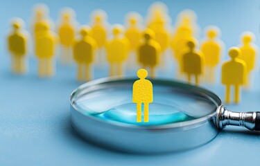 Conceptual image of a single yellow figure in magnifying glass surrounded by other similar figures