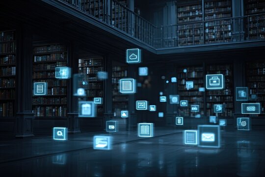 Digitized library with floating digital icons, reflecting technology's impact on information