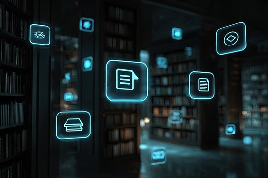 Neon-lit document icons float amidst bookshelves in a dimly lit library setting