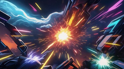 This image depicts a dynamic scene of spacecraft navigating through warp speed, with colorful beams and cosmic cloudscapes. The artwork utilizes vibrant, saturated colors and sharp, geometric shapes, - Powered by Adobe