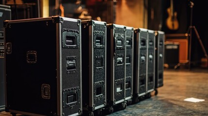 Equipment cases lined up in a music studio, ready for transporting audio gear and instruments, showcasing professional setup for performances and recordings.