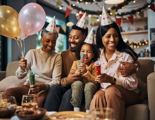 A cheerful African American family with a grandmother, parents, and daughter enjoying a festive celebration at home