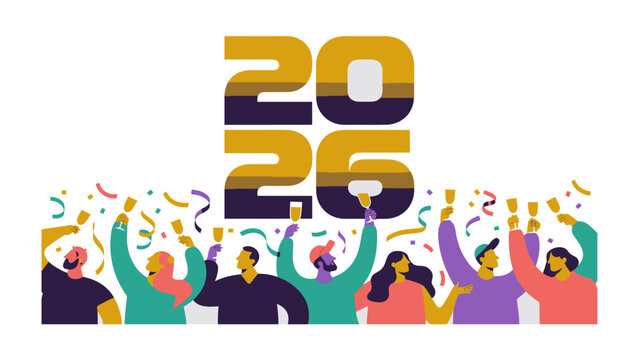 Anticipation for 2026: An illustration of a lively gathering, celebrating the upcoming year with jubilant gestures and flying confetti, symbolizing hope and excitement for the future.