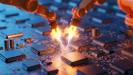 Robotic arms precisely welding components on a complex circuit board with precision - Powered by Adobe