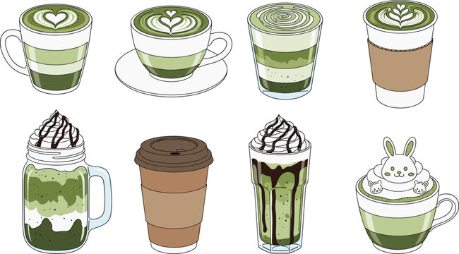 Set of Eight Matcha Green Tea Latte Vector Illustrations with Art, Whipped Cream, and Bunny Topping