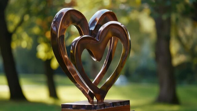 Abstract heart sculpture in park setting, sunny day with blurred trees - Powered by Adobe