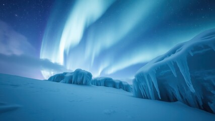 Spectacular Aurora Borealis Display Over Frozen Arctic Landscape.