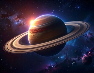 A majestic gas giant with prominent rings, surrounded by celestial beauty