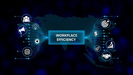 Workplace Efficiency Concept with Digital Icons for Productivity and Optimization technology. Business, Technology, Internet and network concept. Digital world map technology background. - Powered by Adobe