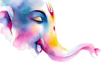 Vibrant watercolor painting of lord ganesha s face with colorful abstract splashes and flowing lines