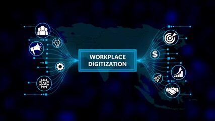 Digital Workplace Digitization Concept with Icons. Business, Technology, Internet and network concept. Digital world map technology background. - Powered by Adobe