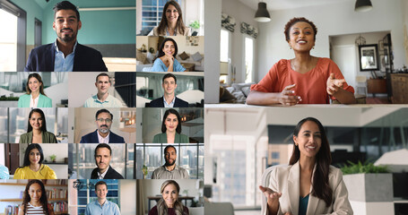 Collage view, group of people using videocall app for communication