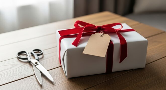 Gift box with red ribbon and scissors on wooden table