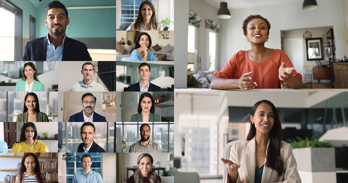 Collage view, group of people using videocall app for communication