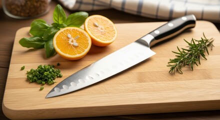 Kitchen knife with citrus, herbs, and chopping board on wooden surface