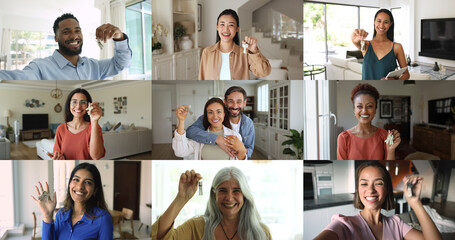 Diverse people showing keys to camera, collage view