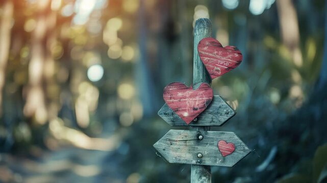 Wooden signpost with red heart symbols in blurred forest background