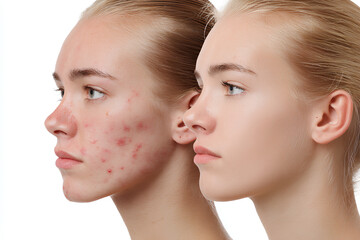 Young woman&rsquo;s face comparison showing acne before and smooth skin after treatment