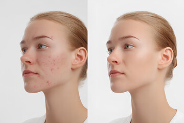 Young woman&rsquo;s face comparison showing acne before and smooth skin after treatment
