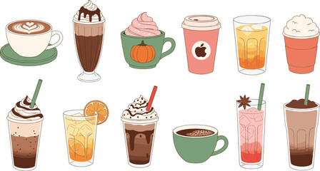 Obraz premium Set of Twelve Fall and Seasonal Coffee and Drink Vector Illustrations Hand Drawn Style Beverages