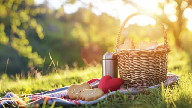 Picnic basket on red-checkered cloth with cookies and thermos in sunny park