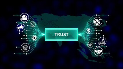 Trust Concept with Icons. Business, Technology, Internet and network concept. Business icons on digital world map background. - Powered by Adobe