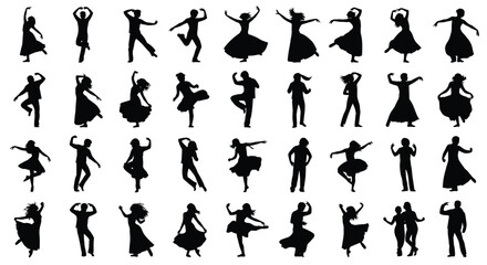 Silhouettes of diverse men and women dancing, depicting passion, grace, choreography, performance, freedom, rhythm, music, and celebration in various energetic and elegant poses.
