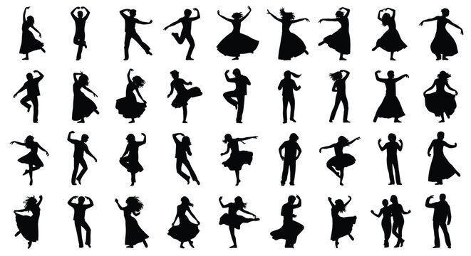 Silhouettes of diverse men and women dancing, depicting passion, grace, choreography, performance, freedom, rhythm, music, and celebration in various energetic and elegant poses.