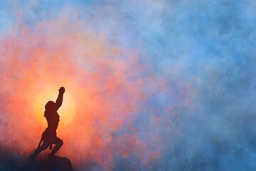 Silhouette of a monkey raising their arm in triumph against a vibrant sunset sky.