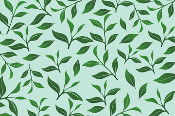 Soft light-green tea leaf seamless pattern. Perfect for packaging, organic product branding, wallpaper, textile prints, and botanical-themed decoration.
