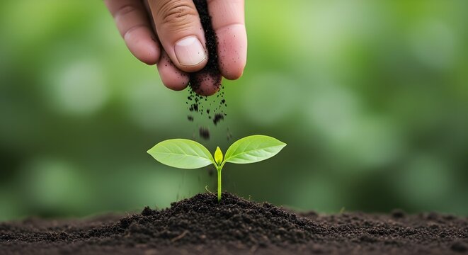 Hand sowing seeds on a young plant sprout in fertile soil - Powered by Adobe