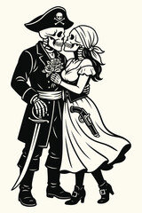 Skeleton Pirate Captain and Maiden Couple Embracing Vector Illustration
