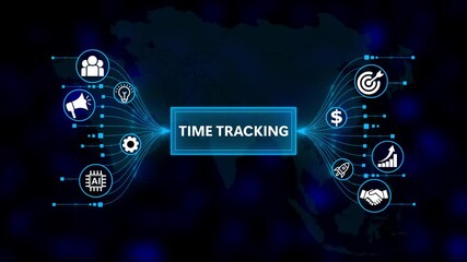 Digital concept of time tracking. Business, Technology, Internet and network concept. Business icons on digital world map background. - Powered by Adobe