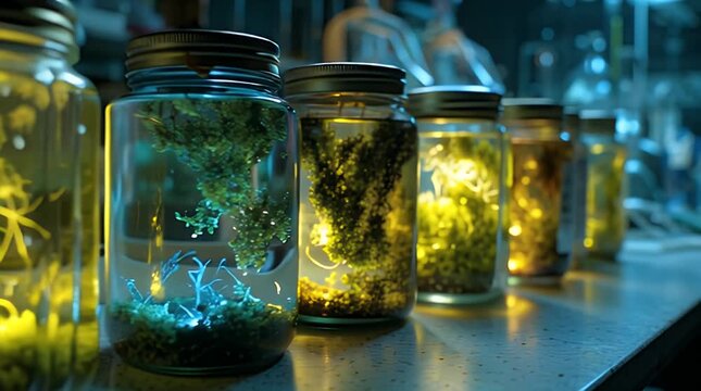 A row of glass jars filled with various glowing organic material are arranged on a surface, each with a metal lid. The scene is softly lit