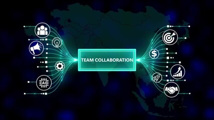 Digital Team Collaboration Concept with Icons. Business, Technology, Internet and network concept. Business icons on digital world map background. - Powered by Adobe