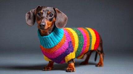Funny overweight dachshund in a colorful dog sweater standing proudly