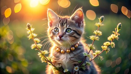 Golden Hour Kitten Amidst Blossoms A Portrait of Youthful Innocence and Springtime Charm