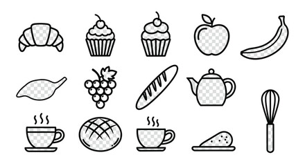 Bakery and cafe goodies line art for menu design, featuring croissant, cupcake, apple, banana, coffee, bread, grapes, tea, and whisk, perfect for a food blog