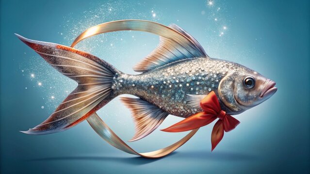 A shimmering, gift-wrapped fish with a radiant tail fin, encircled by a golden loop, evokes a sense of wonder and celebration.