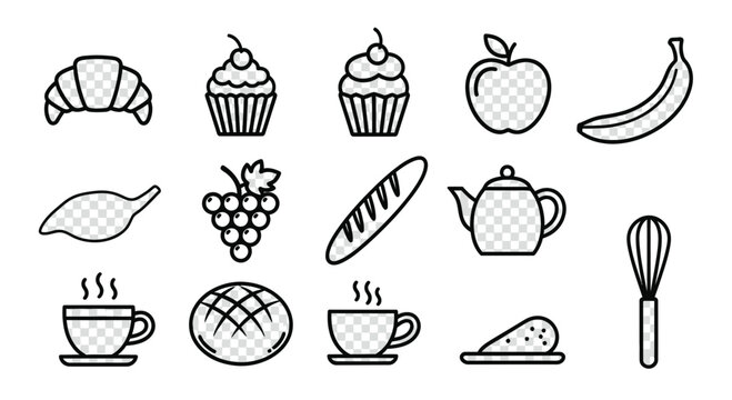 Bakery and cafe goodies line art for menu design, featuring croissant, cupcake, apple, banana, coffee, bread, grapes, tea, and whisk, perfect for a food blog