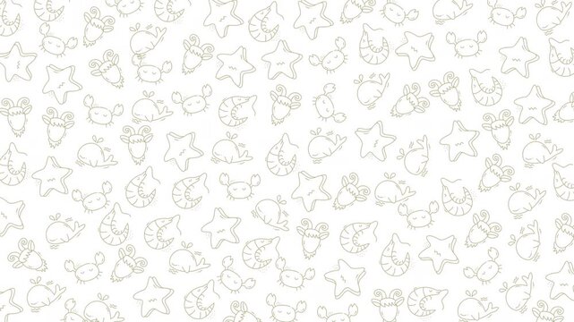 Detailed seamless pattern featuring underwater marine elements like shells and starfish, perfect for ocean themed backgrounds and design projects focused on sea life.