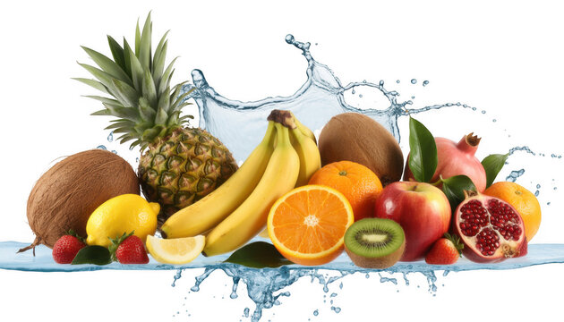 Assorted fresh fruits with water splash isolated on a transparent background