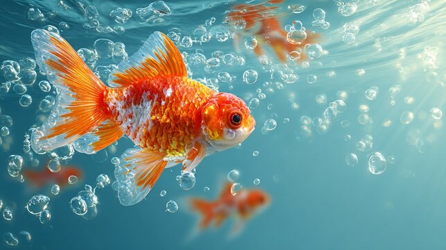 Cute round goldfish swimming in clear water with bubbles